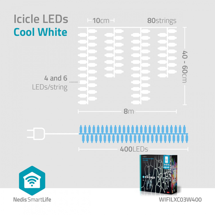 Nedis SmartLife Julelys | Istapp | Wi-Fi | Kald Hvit | 400 LED\'s | 8.00 m | Android™ / IOS