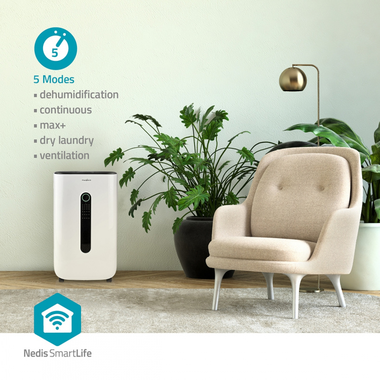 Nedis SmartLife Avfukter | Wi-Fi | 20 l/Døgn | Avfukting / Kontinuerlige / Tørr klesvask / Ventilasjon | Android™ / IOS | Justerbar hygrostat | 195 m³/h