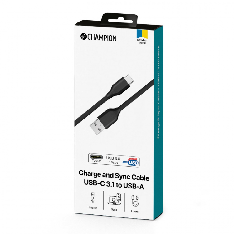 Champion USB-A til USB-C-kabel 2 m, svart Champion USB-A til USB-C-kabel 2 m, svart