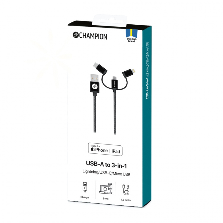 Champion USB-A til Lightning, USB-C og Micro-USB 1,5 m svart