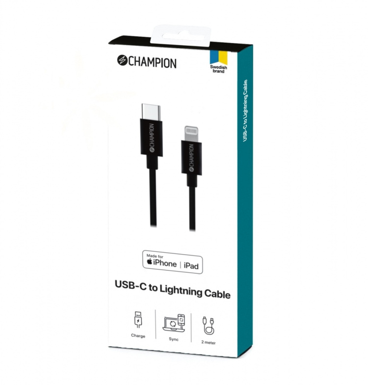 Champion USB-C til Lightning-kabel 2 m svart