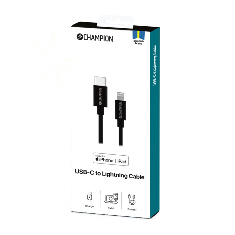 Champion USB-C til Lightning-kabel 2 m svart