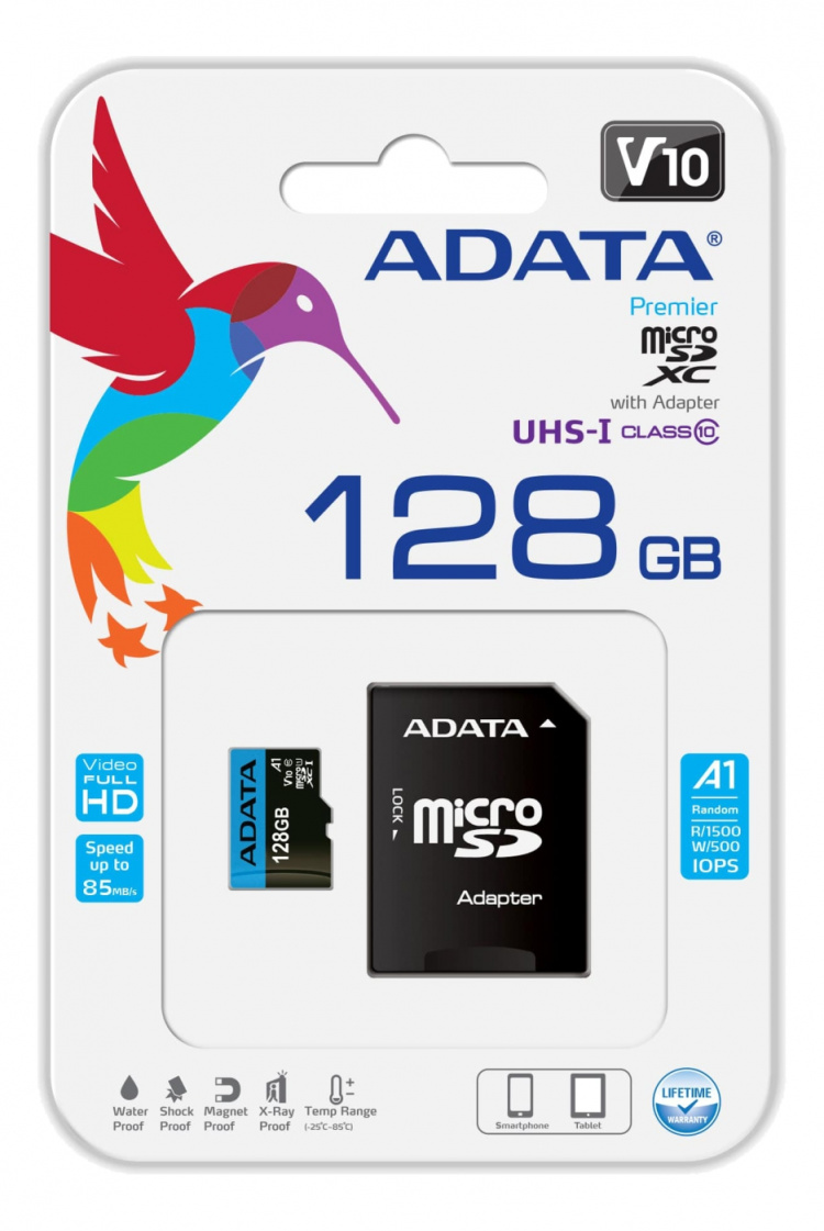 ADATA 64 GB MicroSDXC-kort med SD-adapter, UHS-I, klasse 10, A1, blå