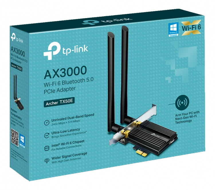 tplink TX50E, AX3000 Wi-Fi 6 Bluetooth 5.0 PCIe-adapter, svart