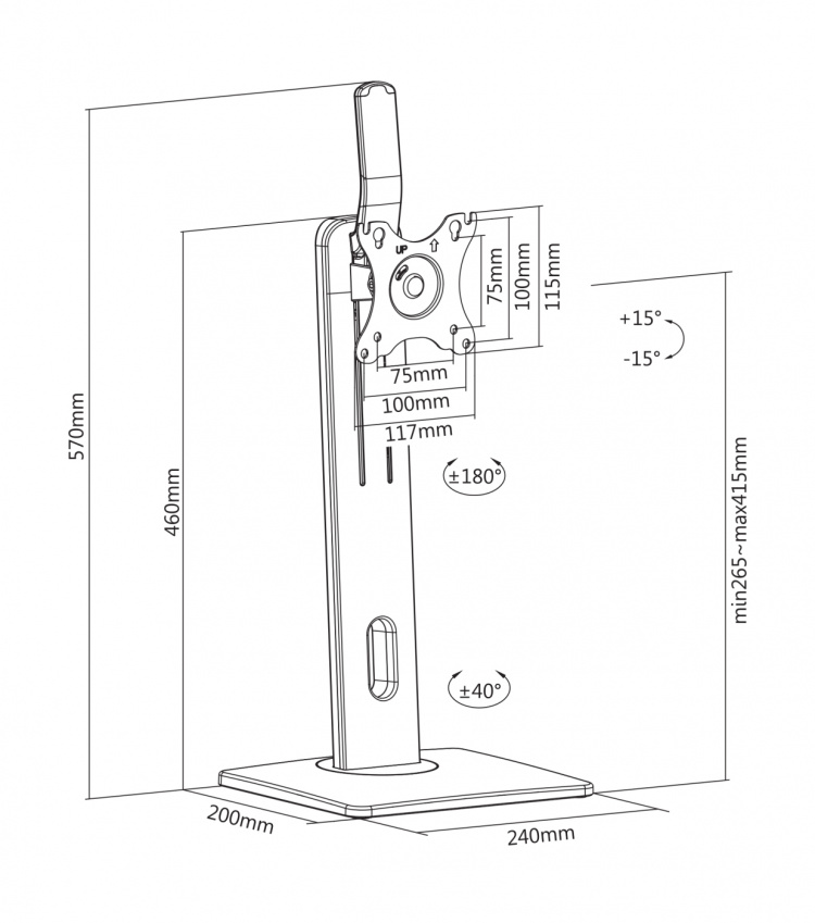 DELTACO OFFICE Høydejusterbart bordstativ for skjerm, m. tilt og sving
