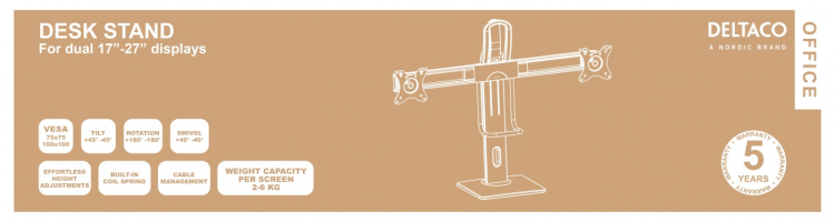 DELTACO OFFICE Høydejusterbart bordstativ for 2 skjermer, svart