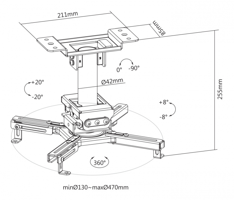 DELTACO OFFICE Projektorfeste for tak, justerbart, 225mm, 45 kg, svart