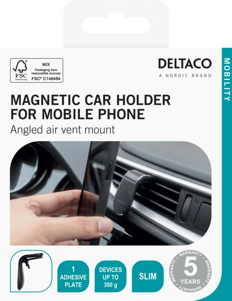DELTACO Magnetisk bilholder for smarttelefoner, viftegrillfeste, vinklet, svart DELTACO Magnetisk bilholder for smarttelefoner, viftegrillfeste, vinklet, svart