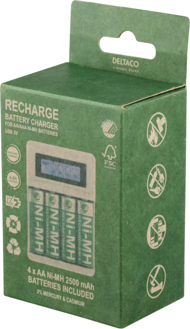 DELTACO Ultimate Ni-Mh USB laddare med 4 x AA batterier