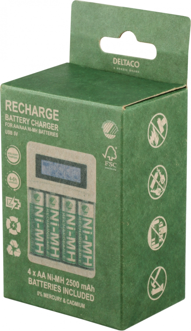 DELTACO Ultimate Ni-Mh USB laddare med 4 x AA batterier