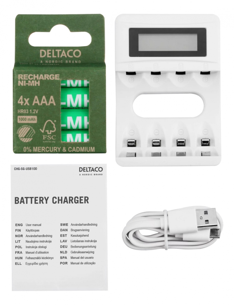 DELTACO Ultimate Ni-Mh USB laddare med 4 x AAA batterier DELTACO Ultimate Ni-Mh USB laddare med 4 x AAA batterier