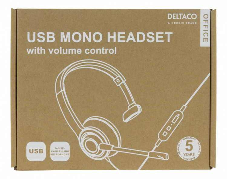 DELTACO Office USB mono headset, volumkontroll, brusreducerande mikrofon, svart