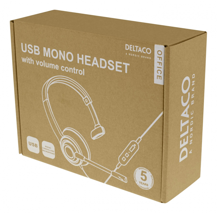DELTACO Office USB mono headset, volumkontroll, brusreducerande mikrofon, svart