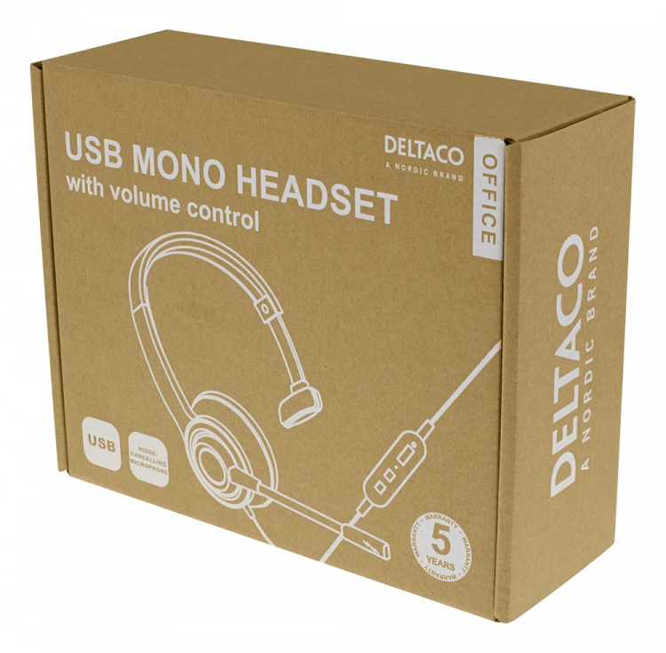 DELTACO Office USB mono headset, volumkontroll, brusreducerande mikrofon, svart
