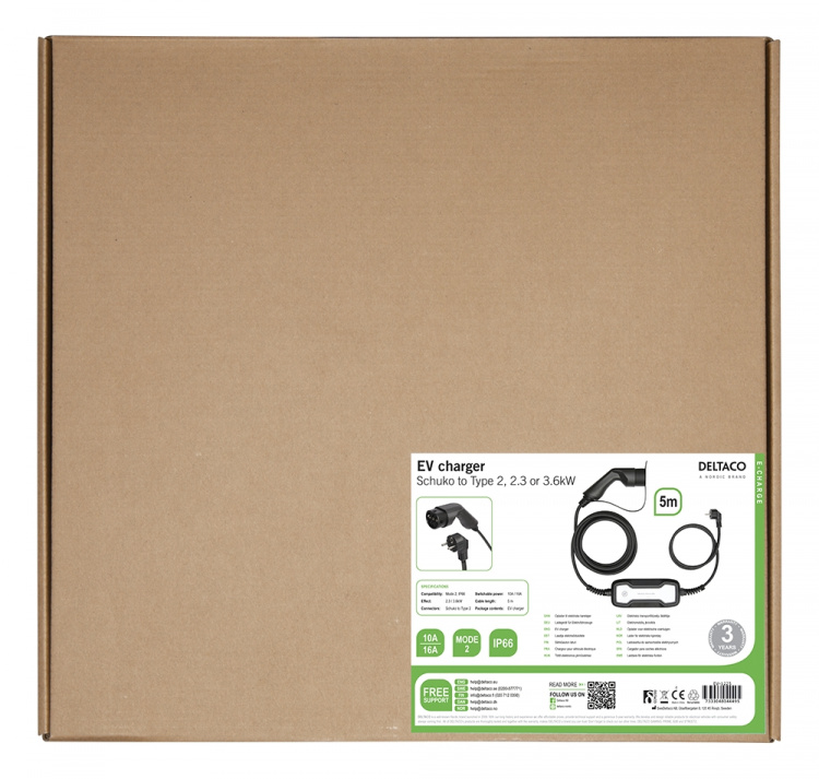 DELTACO EV-cable Mode 2, Schuko - type 2, 6-16A, 5M