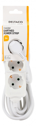 DELTACO Jordet grenuttak, 3x CEE 7/3, 1x CEE 7/7, barnesikret, 5m, hvit