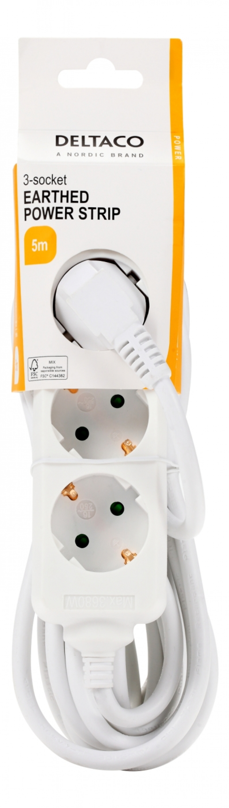 DELTACO Jordet grenuttak, 3x CEE 7/3, 1x CEE 7/7, barnesikret, 5m, hvit