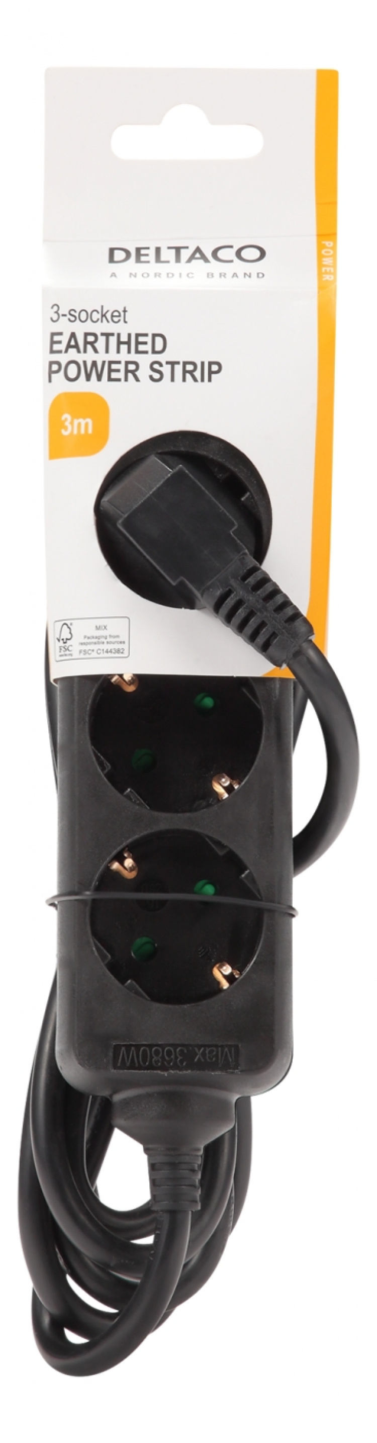 DELTACO Jordet grenuttak, 3x CEE 7/3, 1x CEE 7/7, barnesikret, 3m, svart