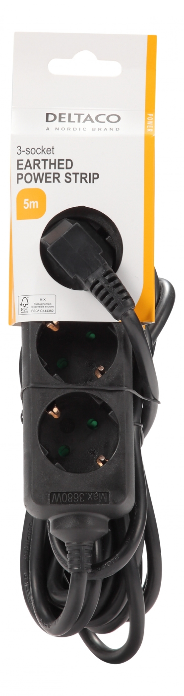 DELTACO Jordet grenuttak, 3x CEE 7/3, 1x CEE 7/7, barnesikret, 5m, svart