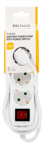 DELTACO Jordat grenuttag med strömbrytare, 3x CEE 7/3, 1x CEE 7/7, barnsäker, 1.5m, vit