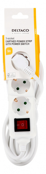 DELTACO Jordet grenuttaksbryter, 3x CEE 7/3, 1x CEE 7/7, barnesikret, 5m, hvit