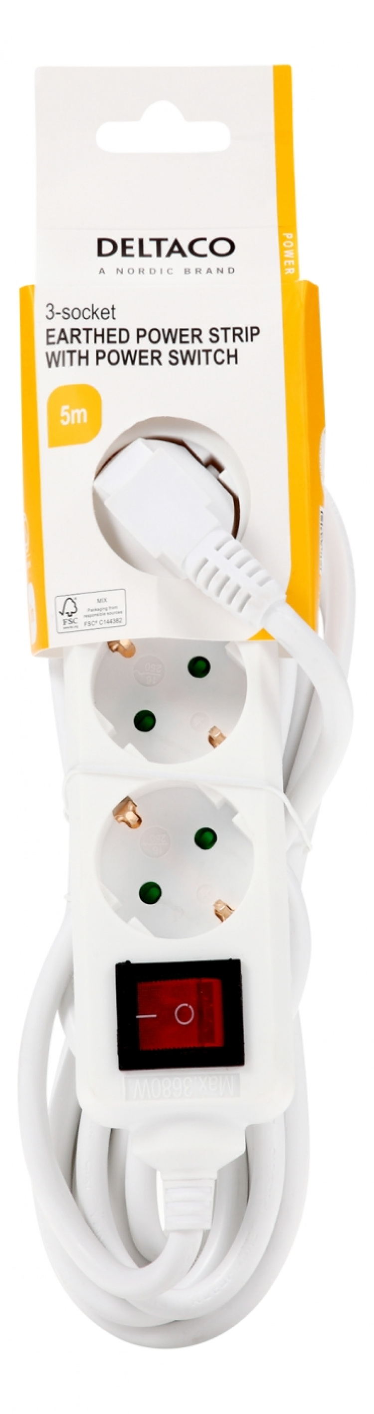 DELTACO Jordet grenuttaksbryter, 3x CEE 7/3, 1x CEE 7/7, barnesikret, 5m, hvit