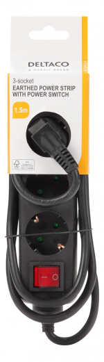 DELTACO Jordet grenuttak med bryter, 3x CEE 7/3, 1x CEE 7/7, barnesikret, 1,5m, svart