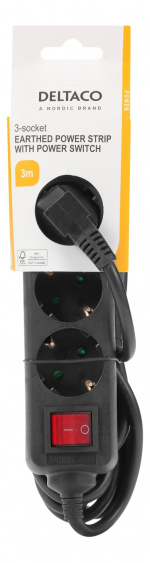 DELTACO Jordet grenuttag strømbryter, 3xCEE 7/3, 1xCEE 7/7, 3m, sv
