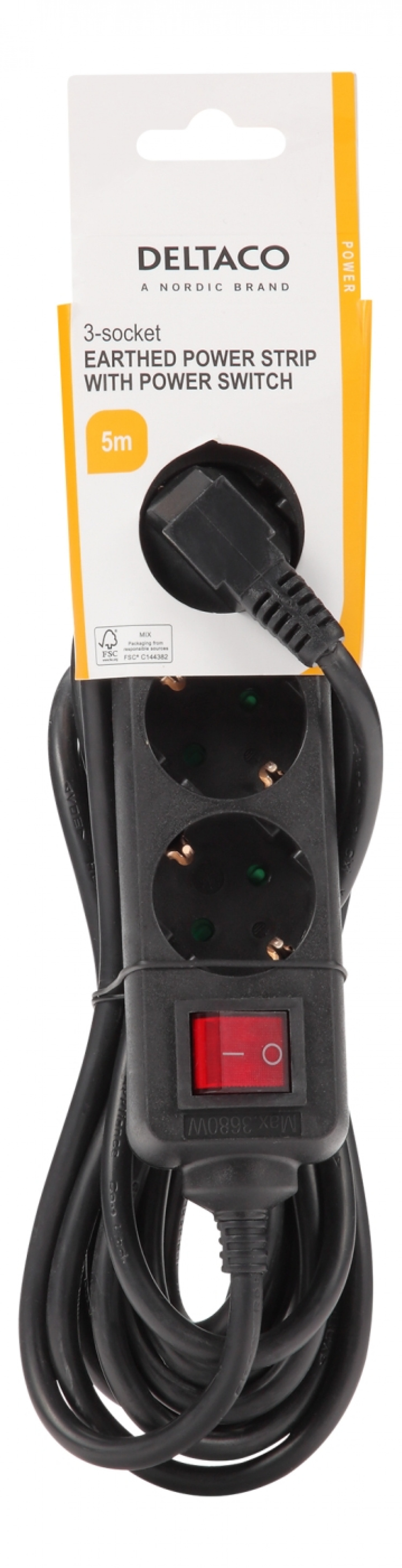 DELTACO Jordet grenuttaksbryter, 3x CEE 7/3, 1x CEE 7/7, barnesikret, 5m, svart