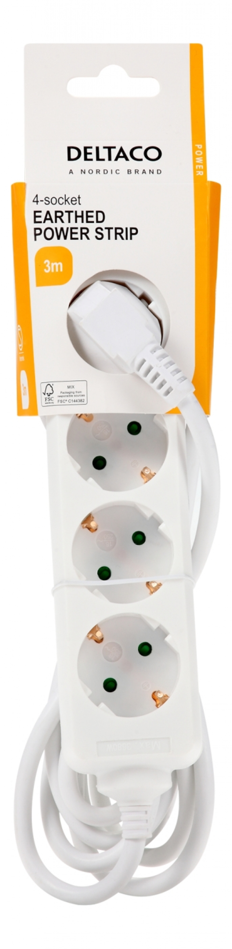 DELTACO Jordet grenuttak, 4x CEE 7/3, 1x CEE 7/7, barnesikret, 3m, hvit