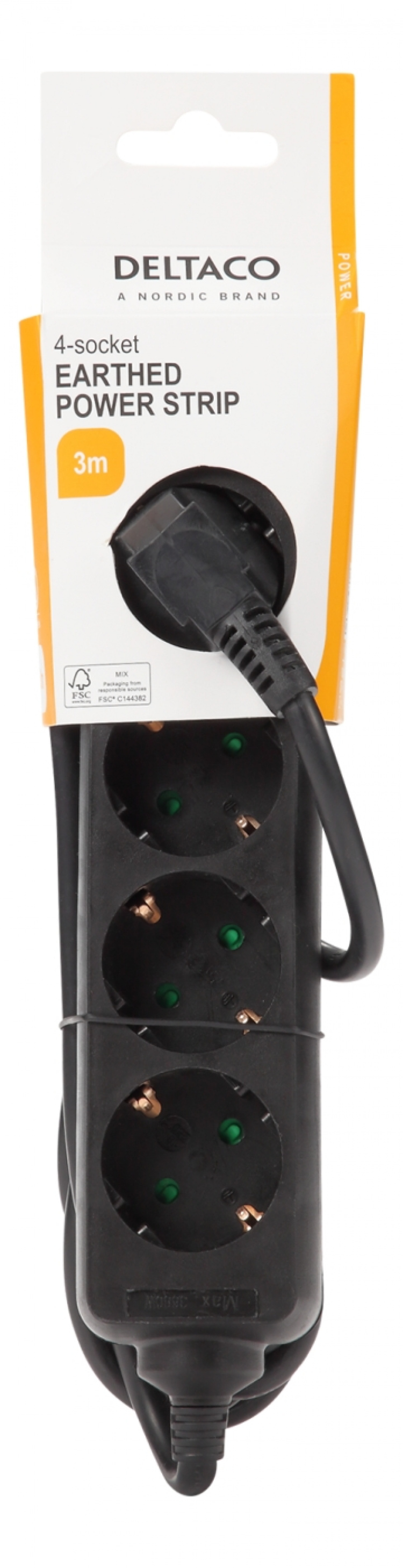 DELTACO Jordet grenuttak, 4x CEE 7/3, 1x CEE 7/7, barnesikret, 3m, svart