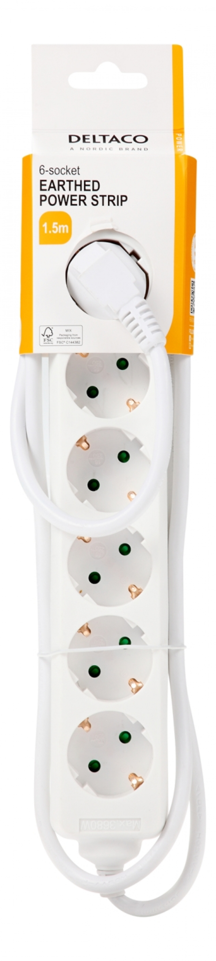 DELTACO Jordet grenuttak, 6x CEE 7/3, 1x CEE 7/7, barnesikret, 1,5m, hvit