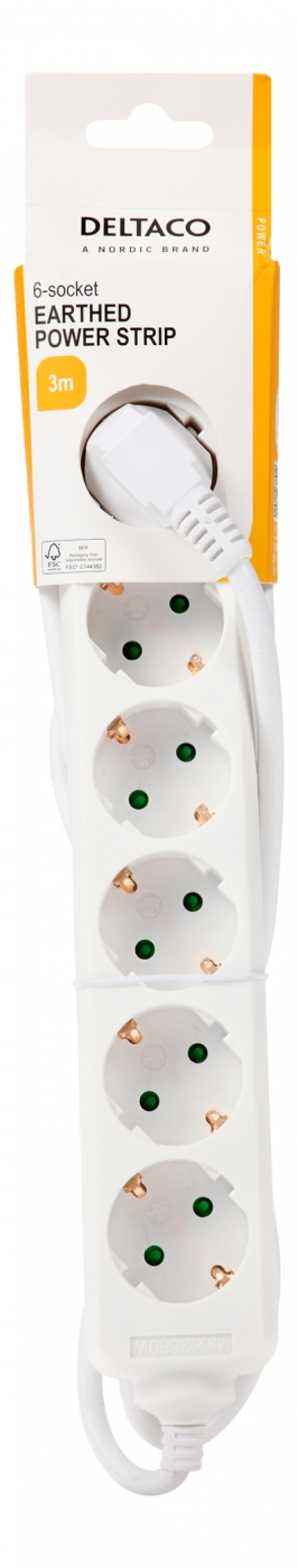 DELTACO Jordet grenuttak, 6x CEE 7/3, 1x CEE 7/7, barnesikret, 3m, hvit