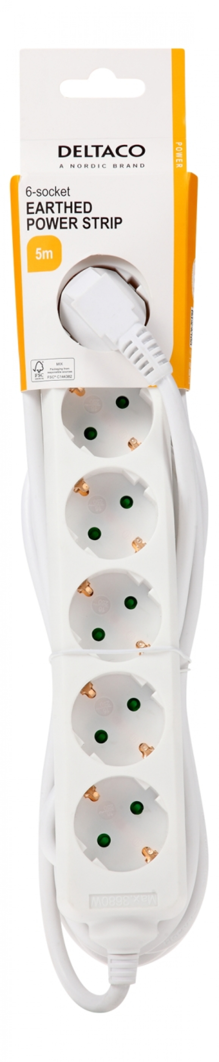 DELTACO Jordet grenuttak, 6x CEE 7/3, 1x CEE 7/7, barnesikret, 5m, hvit