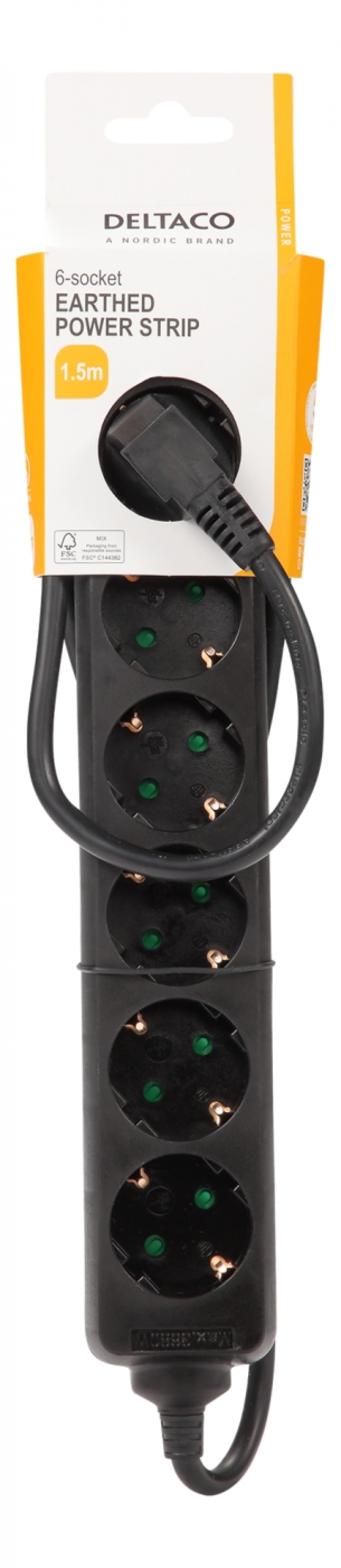 DELTACO Jordet grenuttak, 6x CEE 7/3, 1x CEE 7/7, barnesikret, 1,5m, svart