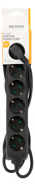DELTACO Jordet strømskinne, 6x CEE 7/3, 1x CEE 7/7, barnesikret, 3m, svart