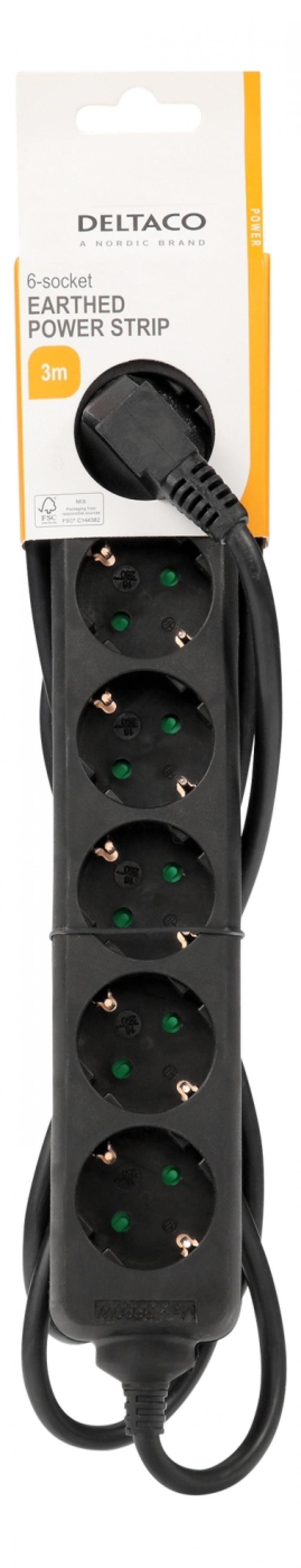 DELTACO Jordet strømskinne, 6x CEE 7/3, 1x CEE 7/7, barnesikret, 3m, svart