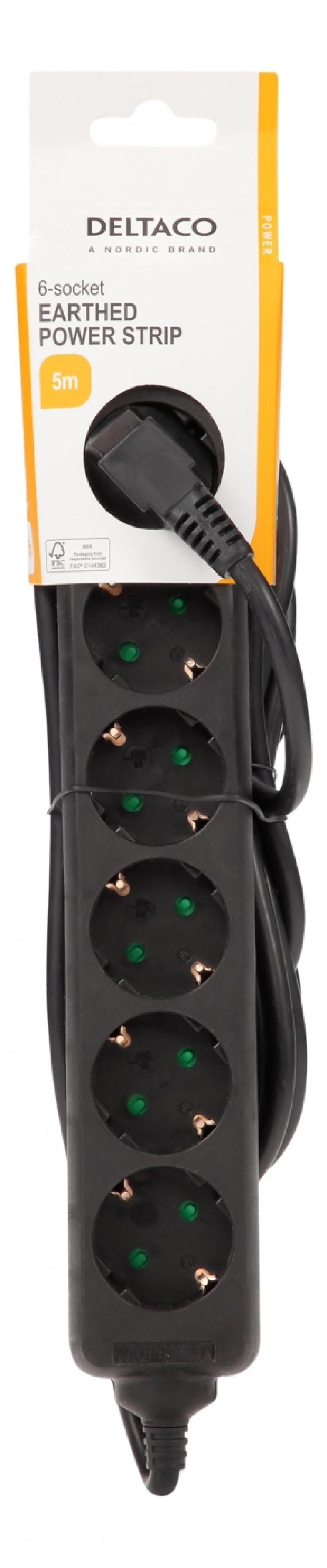 DELTACO Jordet grenuttak, 6x CEE 7/3, 1x CEE 7/7, barnesikret, 5m, svart