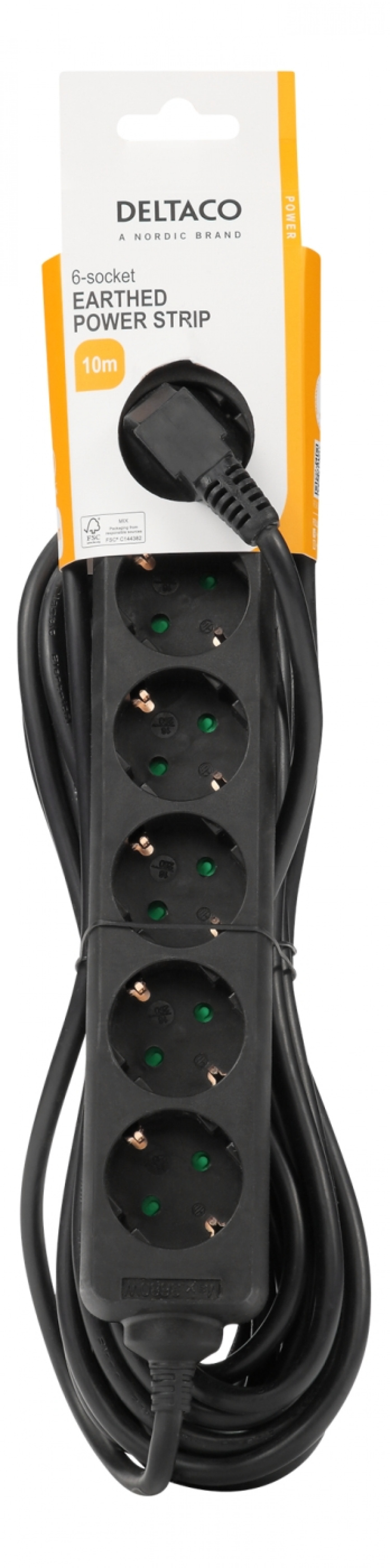 DELTACO Jordet grenuttak, 6x CEE 7/3, 1x CEE 7/7, barnesikret, 10m, Svart