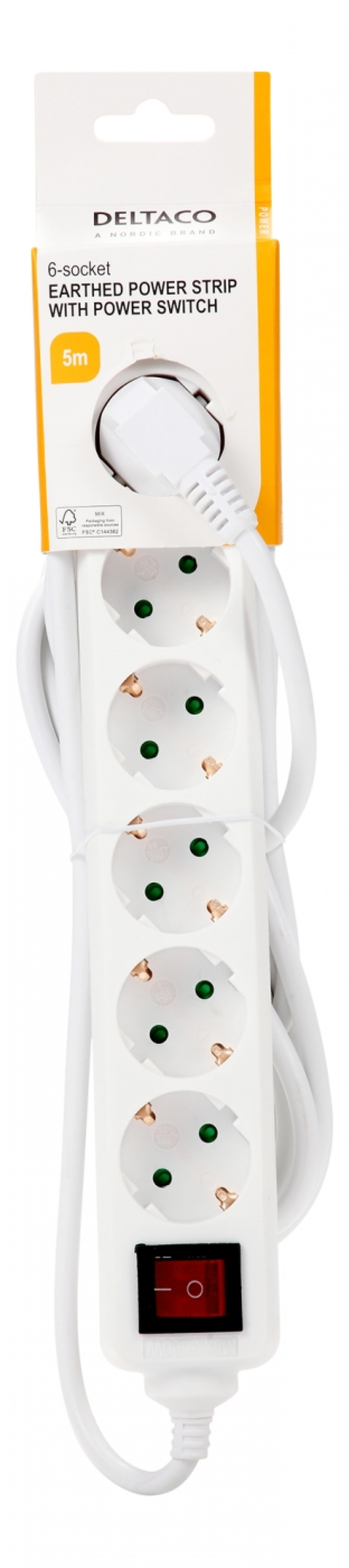 DELTACO Jordet grenuttaksbryter, 6x CEE 7/3, 1x CEE 7/7, barnesikret, 5m, hvit