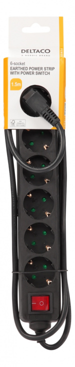 DELTACO Jordet grenuttak med bryter, 6x CEE 7/3, 1x CEE 7/7, barnesikret, 1,5m, svart