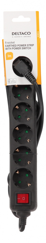 DELTACO Jordet grenuttaksbryter, 6x CEE 7/3, 1x CEE 7/7, barnesikret, 3m, svart