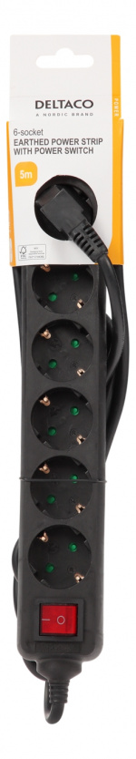 DELTACO Jordet grenuttaksbryter, 6x CEE 7/3, 1x CEE 7/7, barnesikret, 5m, svart