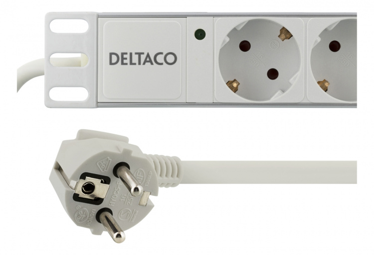 DELTACO Strømskinne, 8xCEE 7/3, 1xCEE 7/7, 2m, kabel, hvit