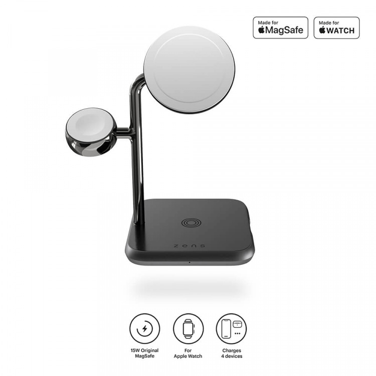 Zens Trådløs Lader 4-i-1 Magnetisk + Ur Svart