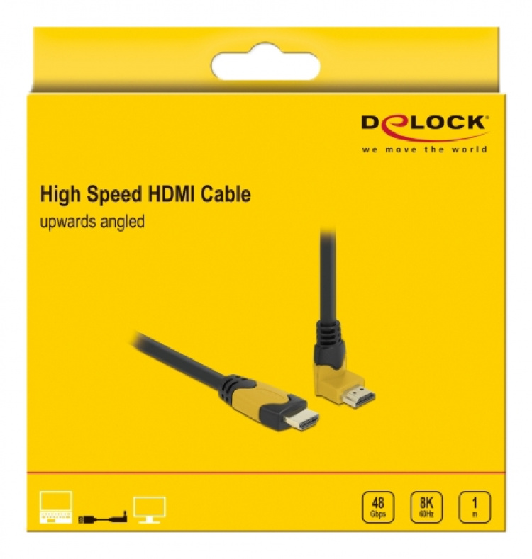 DeLOCK High Speed HDMI kabel hane rak til hane 90° uppåtvinklad 48 Gbps 8K 60 Hz 1m, svart