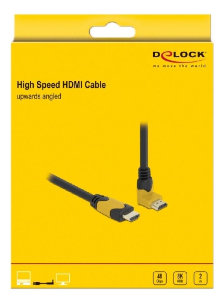 DeLOCK High Speed HDMI kabel hane rak til hane 90° uppåtvinklad 48 Gbps 8K 60 Hz 2m, svart