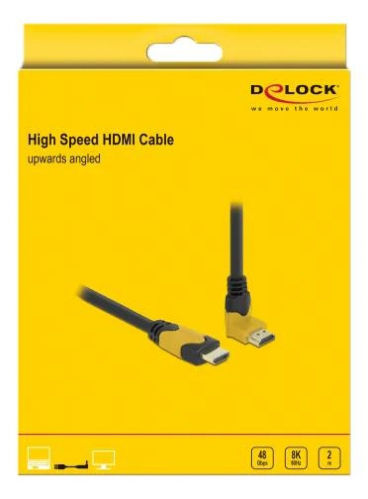 DeLOCK High Speed HDMI kabel hane rak til hane 90° uppåtvinklad 48 Gbps 8K 60 Hz 2m, svart