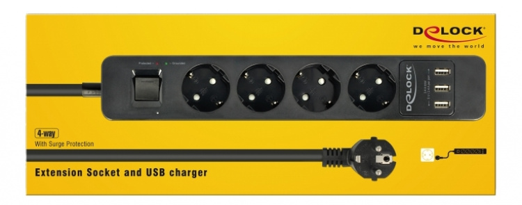 DeLOCK Skjøtekontakt 4-veis overspenningsvern og USB-lader svart