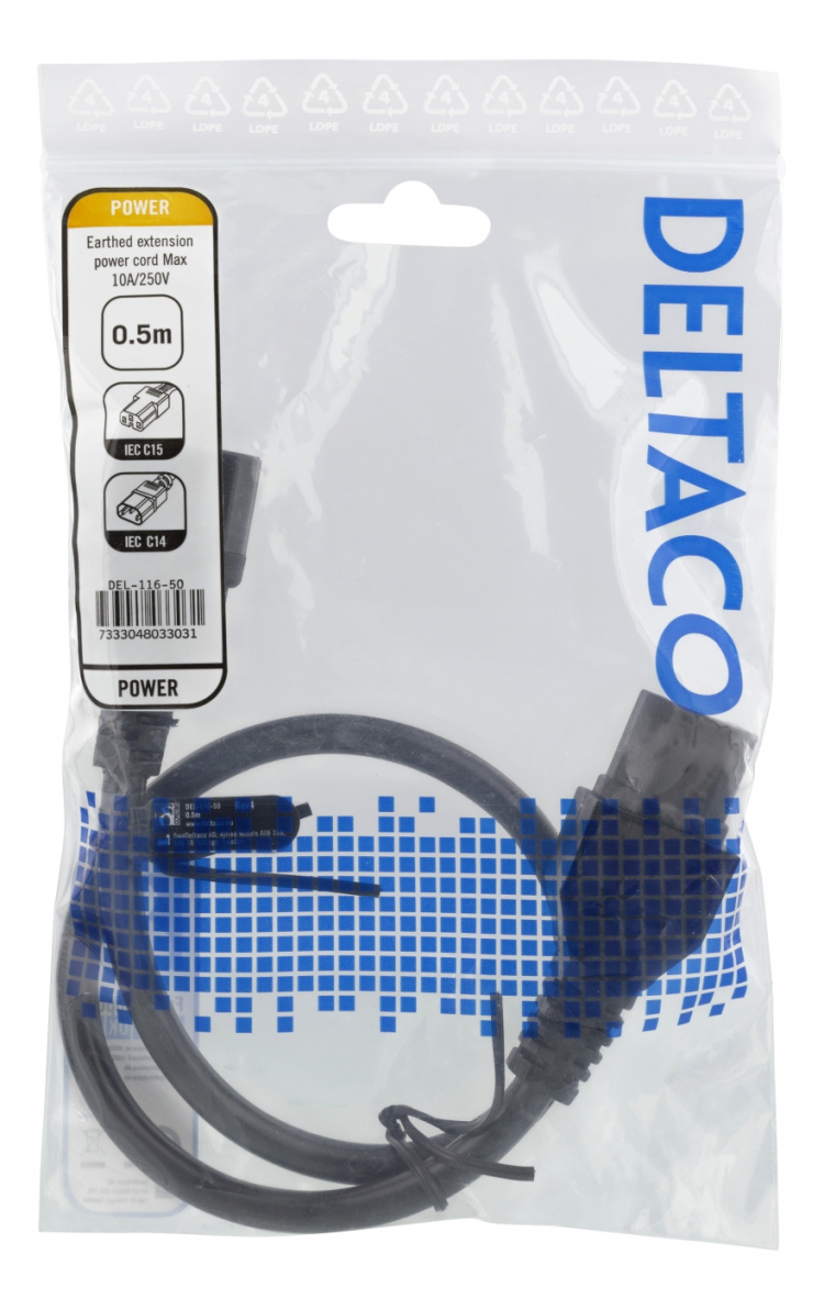 DELTACO Skjøteledning IEC C15 - IEC C14, 0,5 m, svart